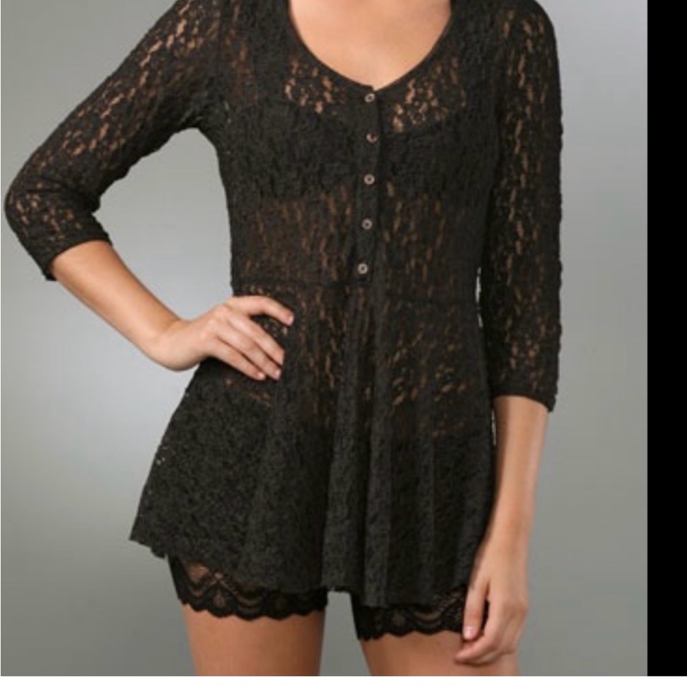 FREE PEOPLE BOHO OOH LA LA LACE TOP CHARCOAL LRG